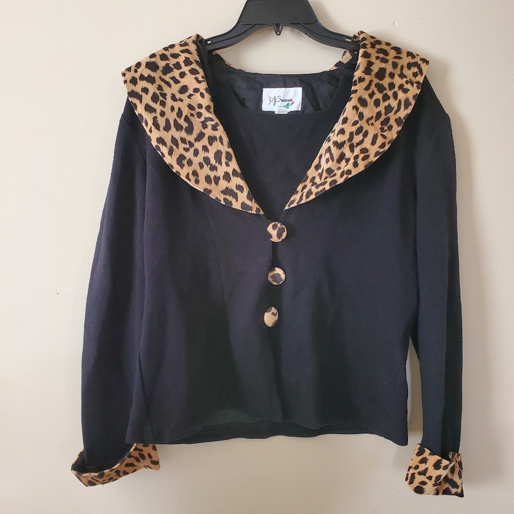 Vintage Leopard Pan Collar Black Button Down Top with Insert Size Vintage 14